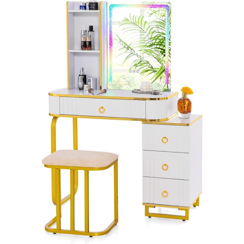 foto del prodotto toeletta da trucco con specchio e luci, tavolo da trucco con sgabello, porta 7 luci led dinamiche e 7 luci statiche dimmerabili, porte usb e 4