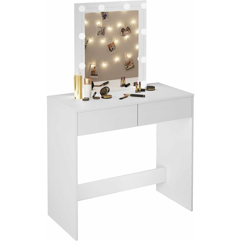 foto del prodotto toeletta da trucco con specchio. tavolo da make up con 10 lampadine led e 2 cassetti. postazione da trucco salvaspazio in legno. 80x39.5cm. bianco