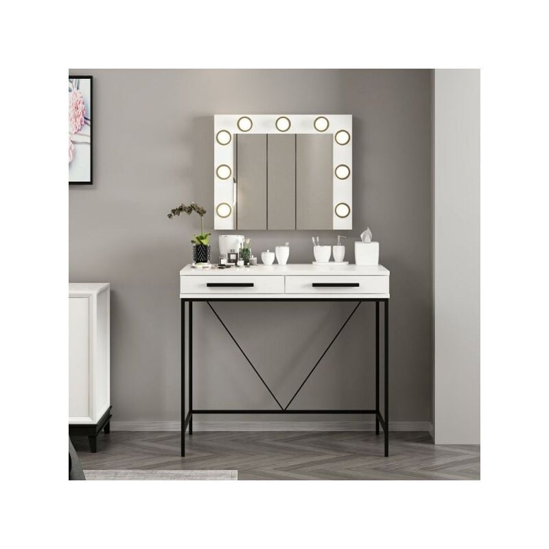 foto del prodotto toeletta da trucco sane con 2 cassetti bianco con piedi neri e specchio con luci led lampadine escluse