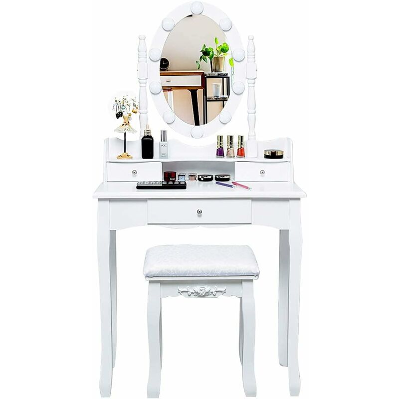 foto del prodotto toeletta da trucco set di tavolo e sedia, toeletta scrivania in legno con specchio con luci, tavolo moderno da trucco con 3 cassetti, set da