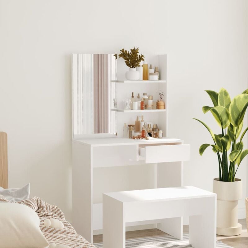 foto del prodotto toeletta elegante con cassetto specchio e scomparti aperti vari colori colore bianco