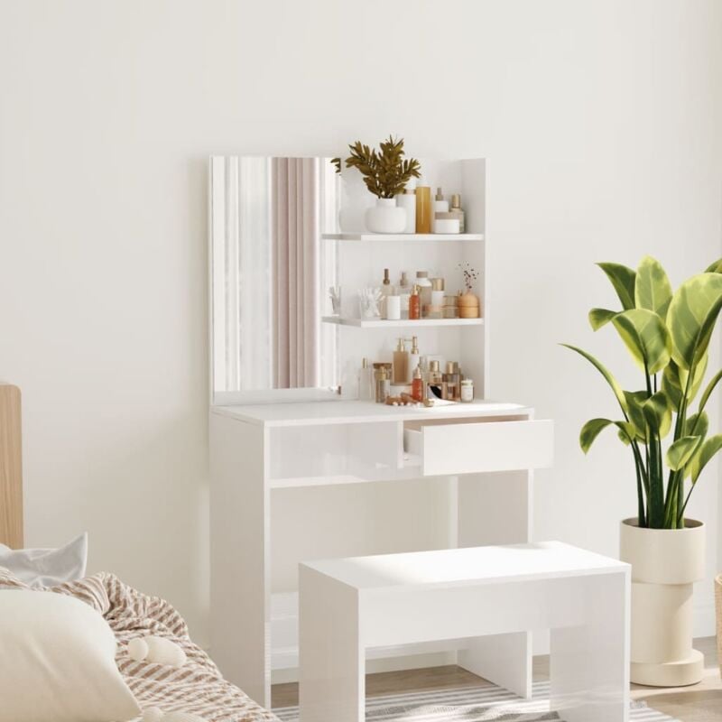 foto del prodotto toeletta elegante con cassetto specchio e scomparti aperti vari colori colore bianco lucido