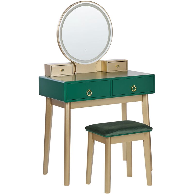 foto del prodotto toeletta in legno mdf e poliestere verde e dorata con sgabello e specchio led fedry