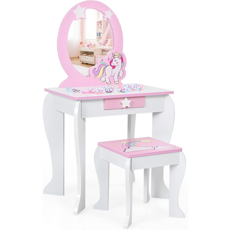 foto del prodotto toeletta per bambini in legno sgabello specchio e cassetti, disegni di unicorno e stelle, 89x49,5x35,5cm, bianco costway