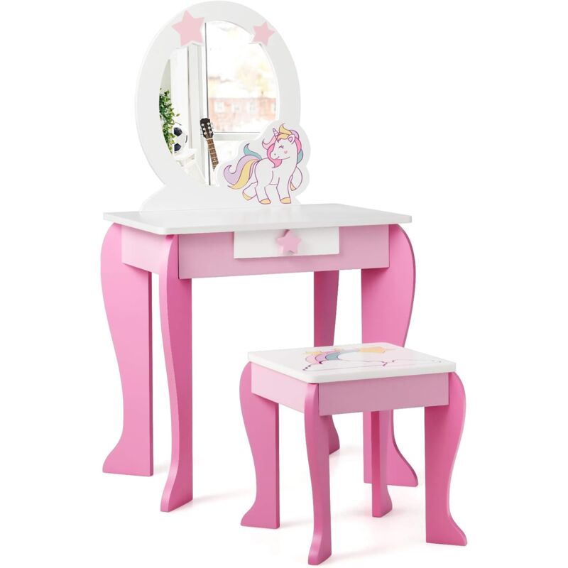 foto del prodotto toeletta per bambini in legno sgabello specchio e cassetti, disegni di unicorno e stelle, 89x49,5x35,5cm, rosa costway