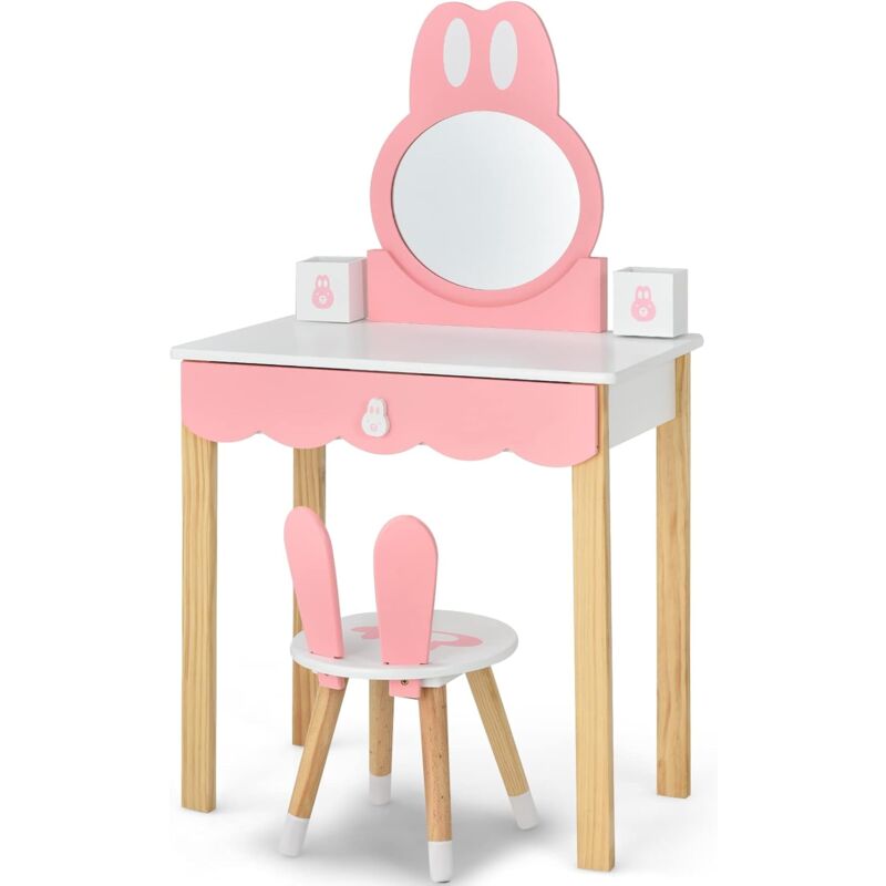 foto del prodotto toeletta per bambini sedia, specchio, cassetti e scatole, tavolo da trucco per bambini in legno, stile coniglio cartoon, bianco costway