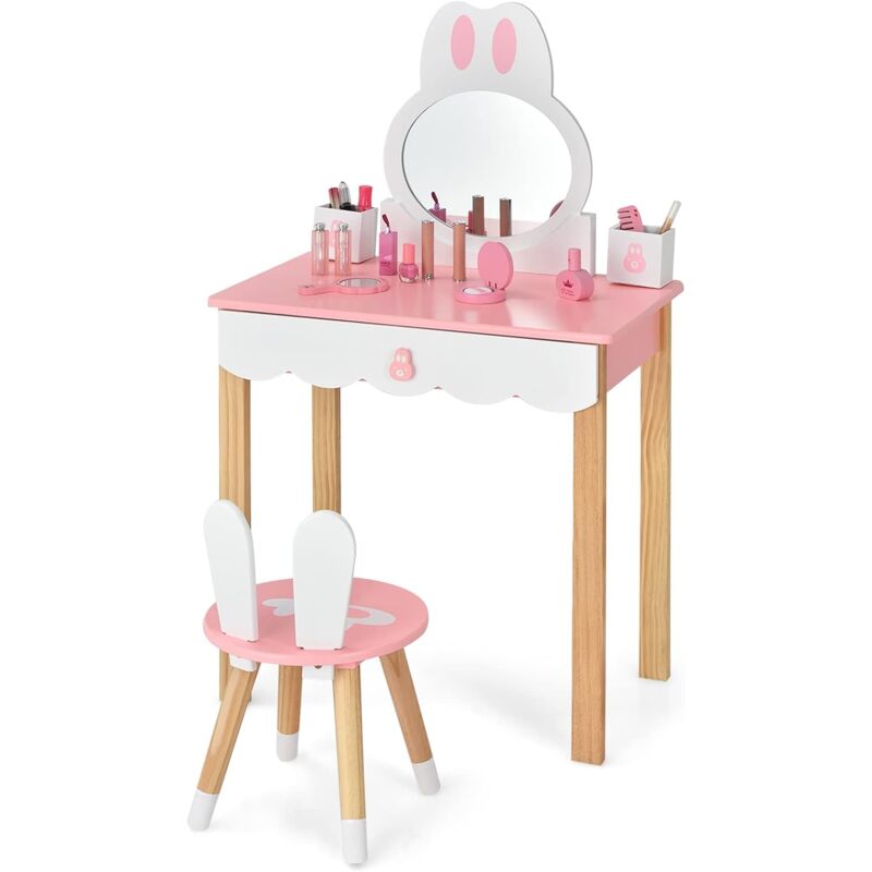 foto del prodotto toeletta per bambini sedia, specchio, cassetti e scatole, tavolo da trucco per bambini in legno, stile coniglio cartoon, rosa costway