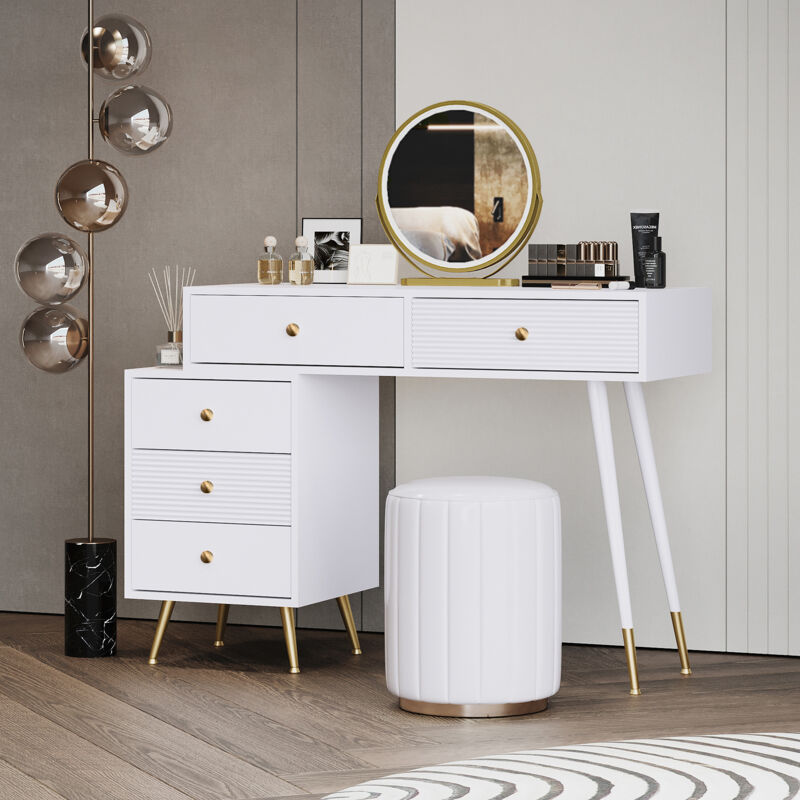 foto del prodotto toeletta, tavolo da trucco con illuminazione a led e specchio, con armadietto laterale regolabile e design scorrevole. dimensioni l100 h78 p40 cm