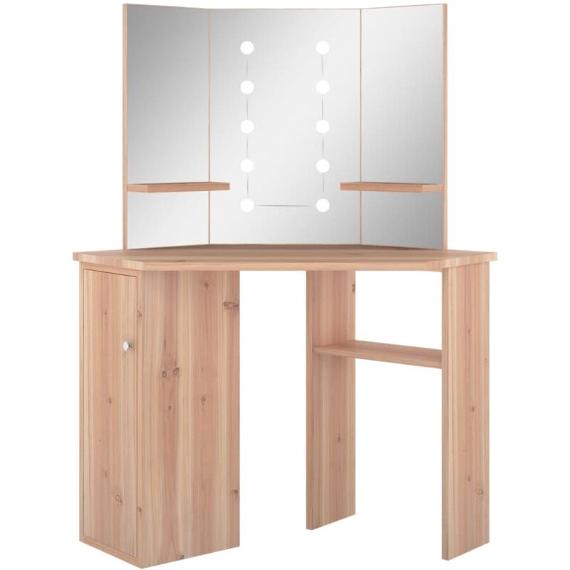 foto del prodotto toeletta tavolo da trucco mobile di design mobile per camera da letto angolare con led 111 x 54 x 141,5 cm rovere