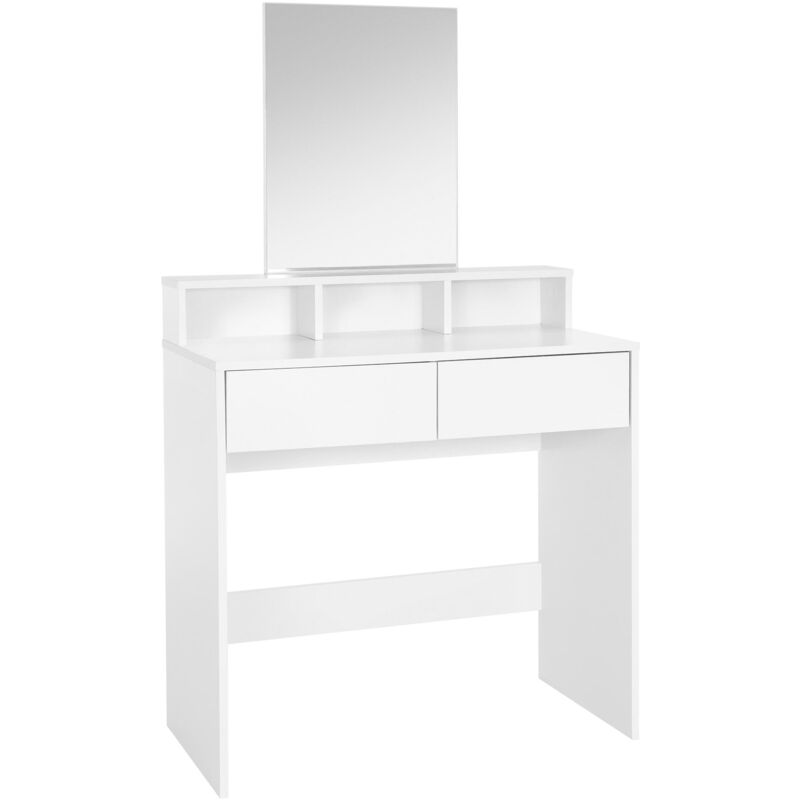 foto del prodotto toeletta tavolo postazione da trucco con specchio rettangolare e 2 cassetti 80 x 40 x 140 cm bianco design moderno con 3 scomparti aperti