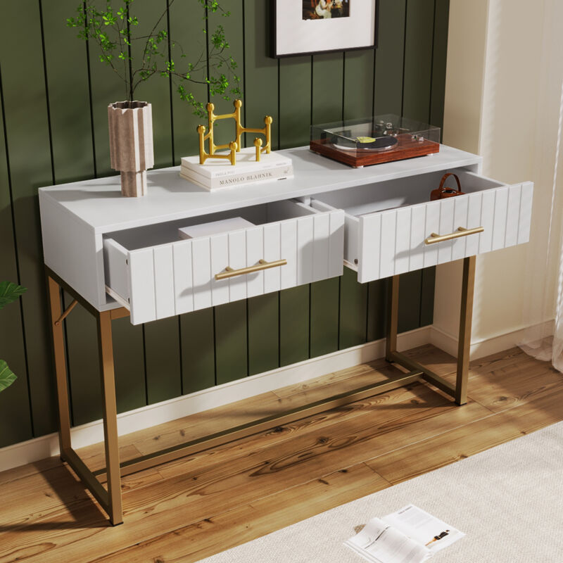 foto del prodotto toeletta trucco 100x45x75cm con 2 cassetti, maniglie e gambe dorate, pannello truciolare, bianco