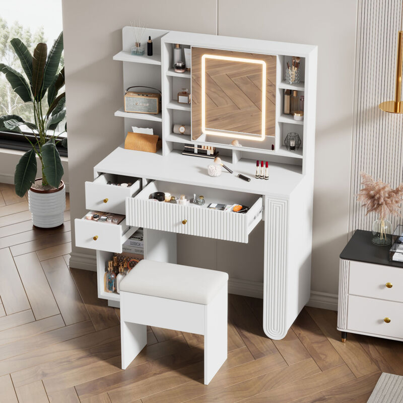 foto del prodotto toeletta trucco 120x40x135cm con specchio e 3 cassetti, con sgabello, led, per camera da letto, pannello truciolare, bianco