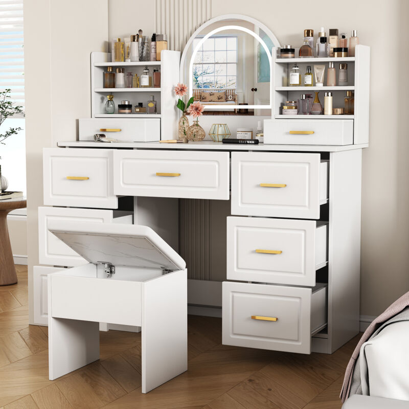foto del prodotto toeletta trucco 120x40x135cm con specchio e 9 cassetti, led, per camera da letto, pannello truciolare, bianco