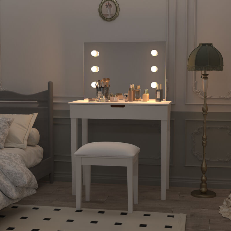 foto del prodotto toeletta trucco con luce 80x40x125cm con 1 cassetto, con sgabello da toeletta e specchio, mdf, bianco