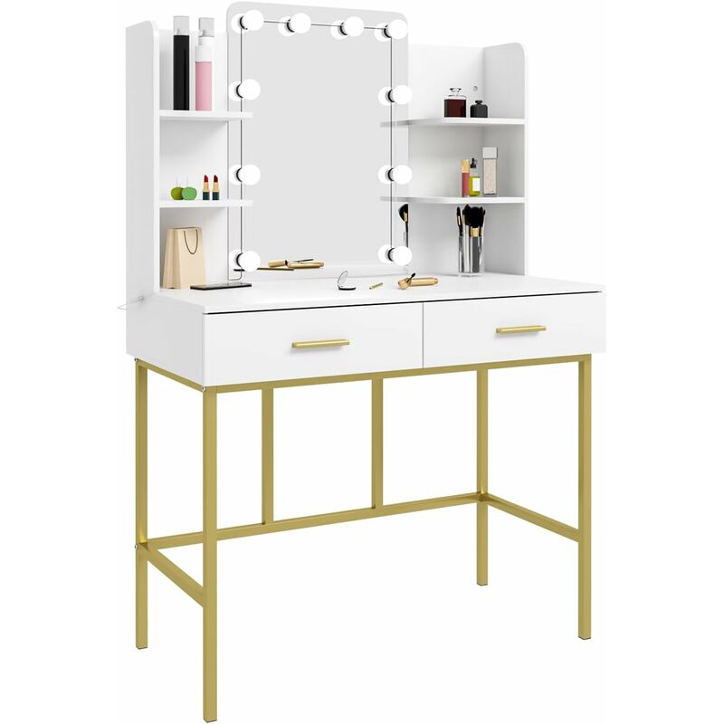 foto del prodotto toeletta trucco con luci led. specchiera trucco con ripiani e 2 cassetti. tavolo da trucco moderno in legno e metallo. bianco e oro 90x45x136cm