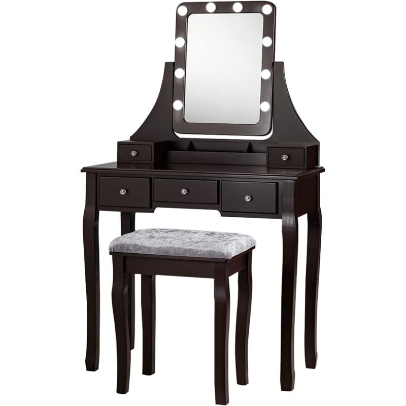 foto del prodotto toeletta trucco con specchio girevole, 10 lampadine e gambe in legno di pino, toeletta da trucco con 5 cassetti e sgabello imbottito, ideale per