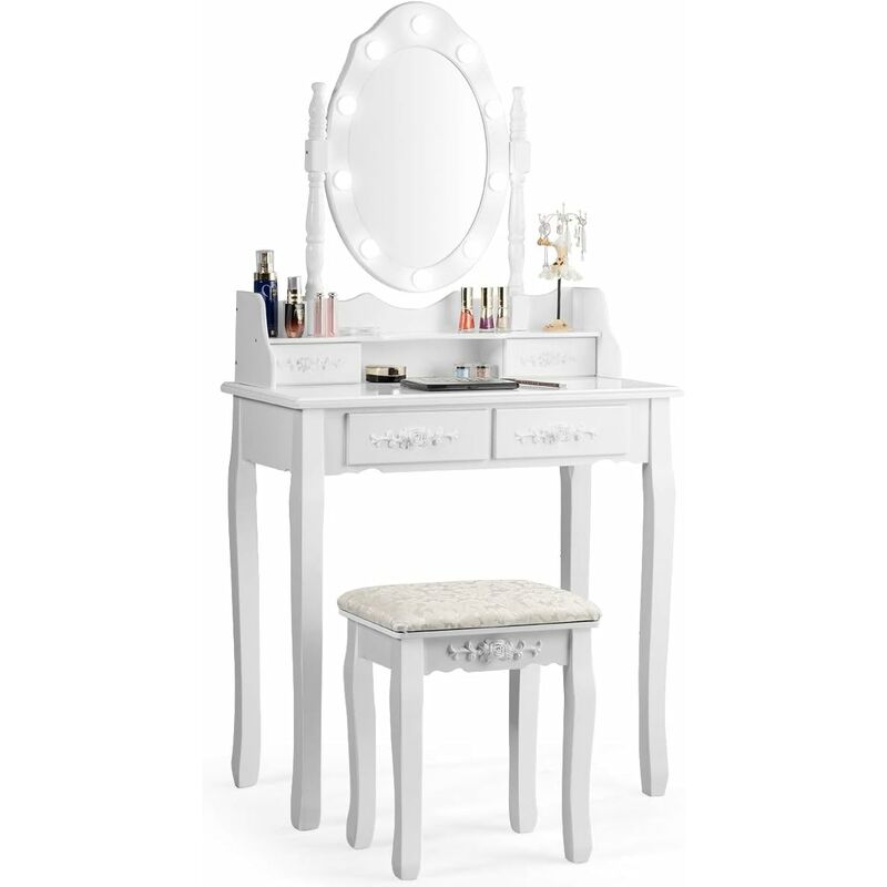 foto del prodotto toeletta trucco con specchio girevole, 10 luci led, luminosit regolabile, postazione trucco con sgabello e 4 cassetti, tavolo da trucco scrivania