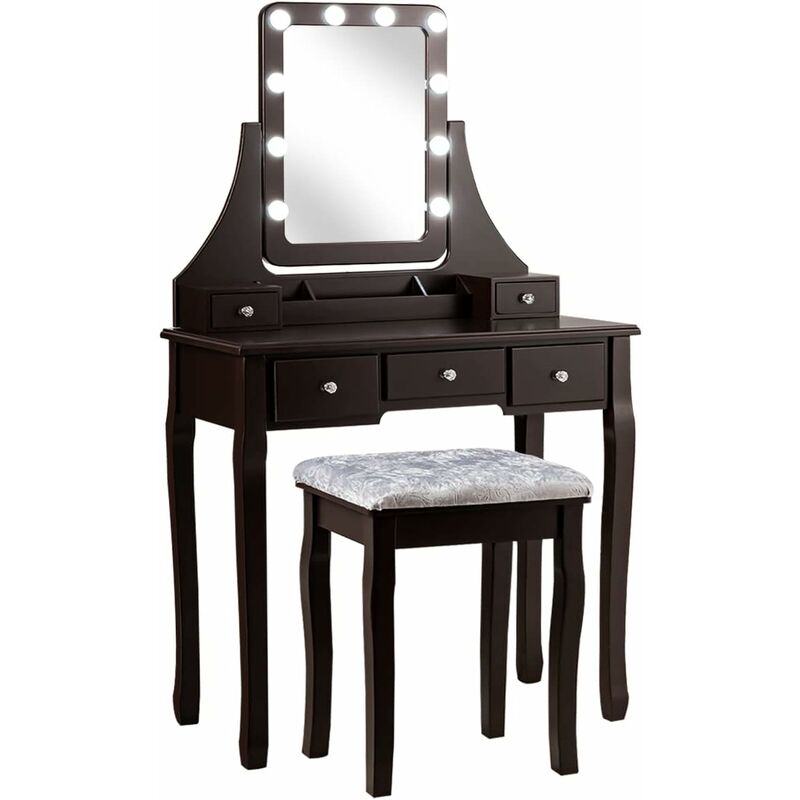 foto del prodotto toeletta trucco con specchio girevole a 360 e 10 luci led, postazione trucco con sgabello imbottito, 5 cassetti e organizzatori, tavolo da trucco