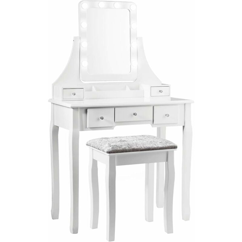 foto del prodotto toeletta trucco con specchio girevole a 360 e 10 luci led, postazione trucco con sgabello imbottito, 5 cassetti e organizzatori, tavolo da trucco