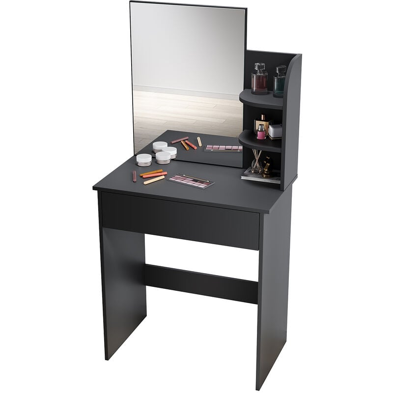 foto del prodotto toeletta trucco con specchio tavolo da trucco con 1 cassetto e 2 ripiani portaoggetti postazione trucco tavolo da trucco stile modern nero 70 x 40