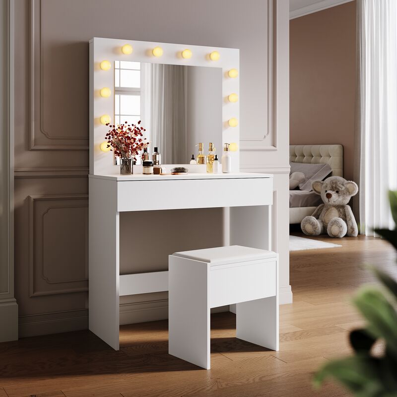 foto del prodotto toeletta trucco postazione trucco con 12 lampadine e specchio 3 modalit di illuminazione con 1 cassetto e sgabello tavolo da trucco stile moderno