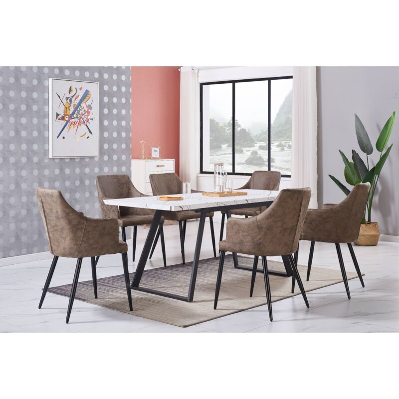 foto del prodotto toga lux zarah dining set un tavolo da pranzo bianco estensibile e un set di 6 sedie da pranzo in pelle marrone chiaro sala da pranzo cucina