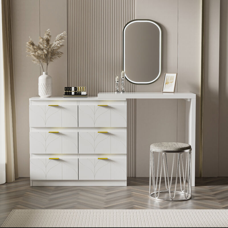 foto del prodotto toilette con tavolino, tavolo scrivania con 6 cassetti, maniglie dorate, piano girevole 180 , verniciato, motivo floreale, angoli arrotondati