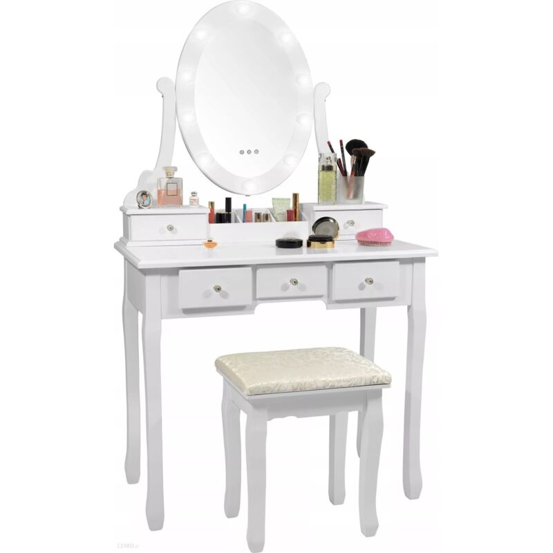 foto del prodotto toilette in legno bianco con specchio illuminato a led con sgabello abbinato 80x40x137 cm