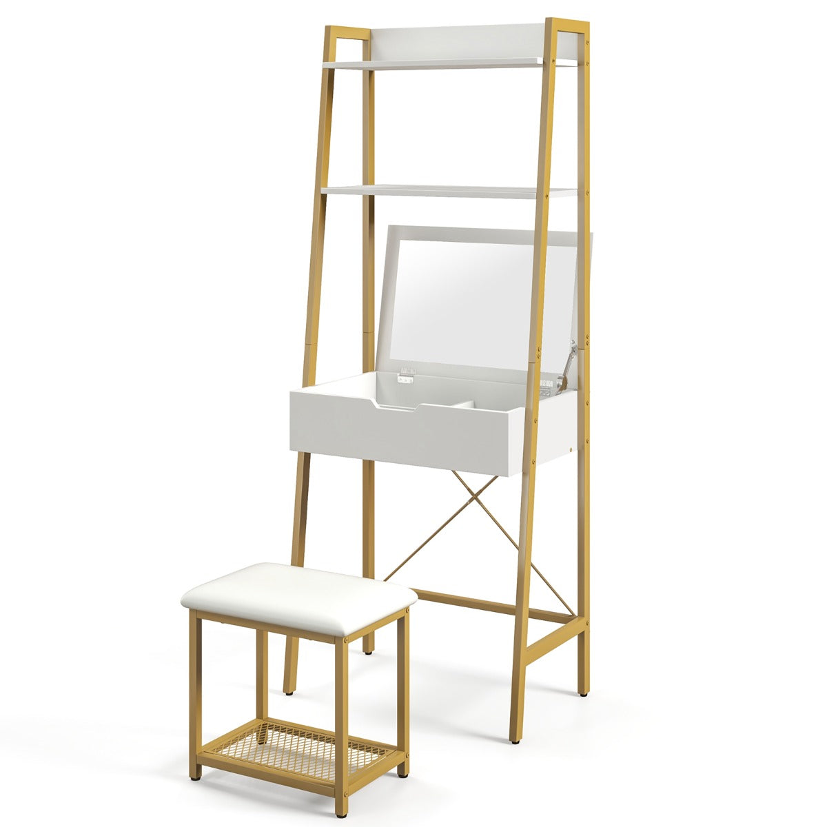 foto del prodotto toilette industriale specchio pieghevole sgabello tavolo da trucco 2 ripiani aperti spazio nascosto oro 20 0004872