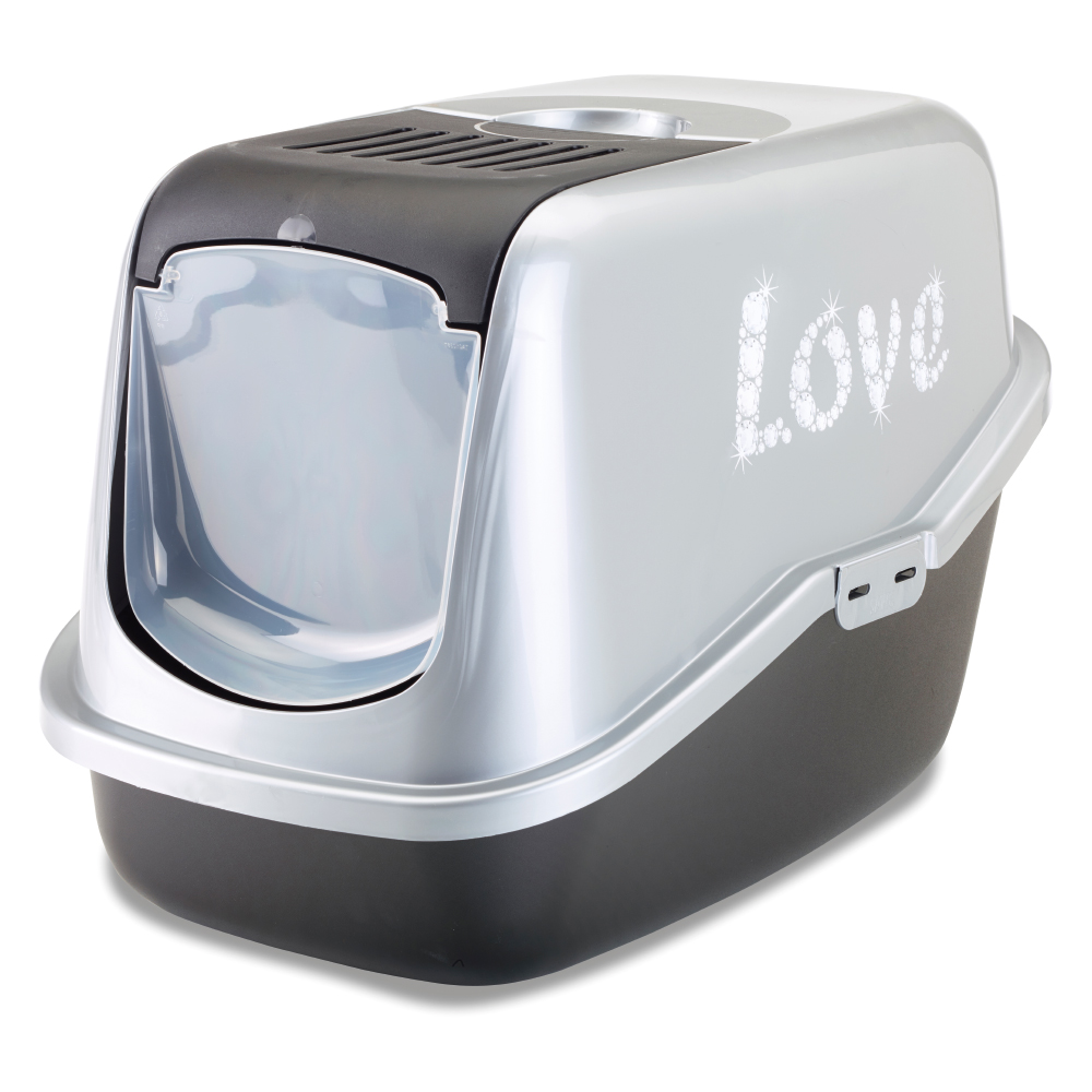 foto del prodotto toilette per gatti nestor impression love by savic nero argento con scritta love