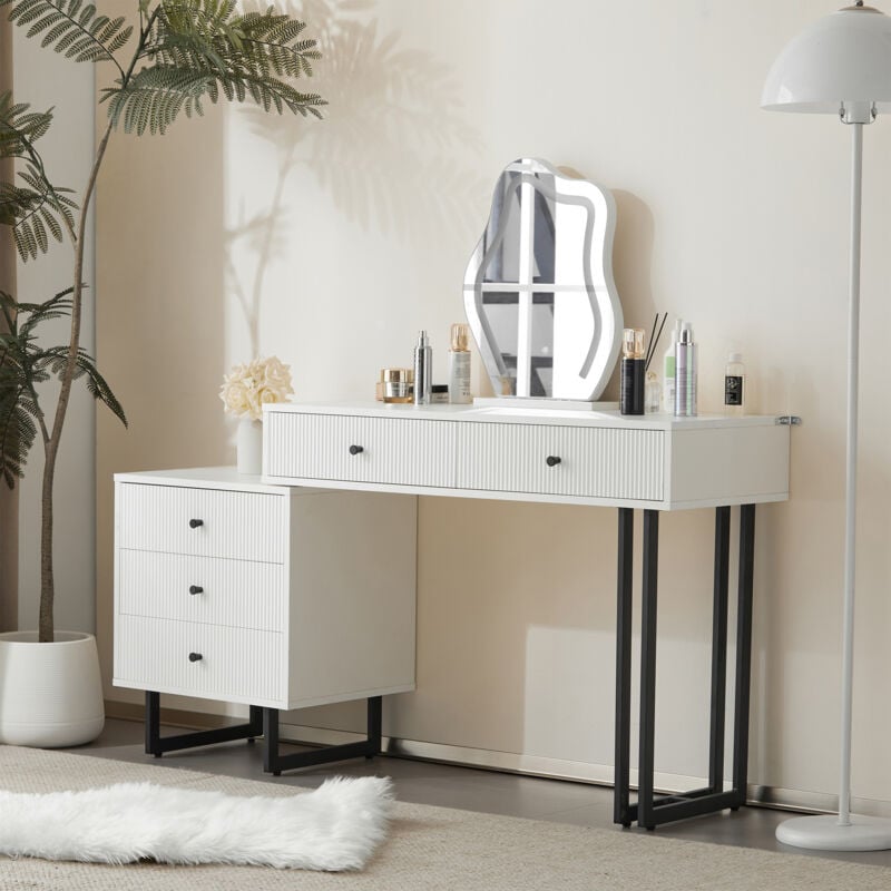 foto del prodotto toilette, tavolo trucco con specchio e illuminazione, piano allungabile, illuminazione led 3 colori, dimensioni l100 h76 p40 cm senza sgabello 