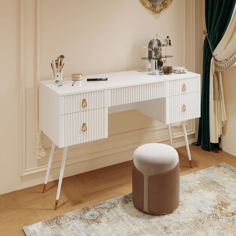 foto del prodotto toletta bianca con specchio led a luminosit regolabile e 4 cassetti, accessori di lusso placcati in oro, bianco, senza sedie