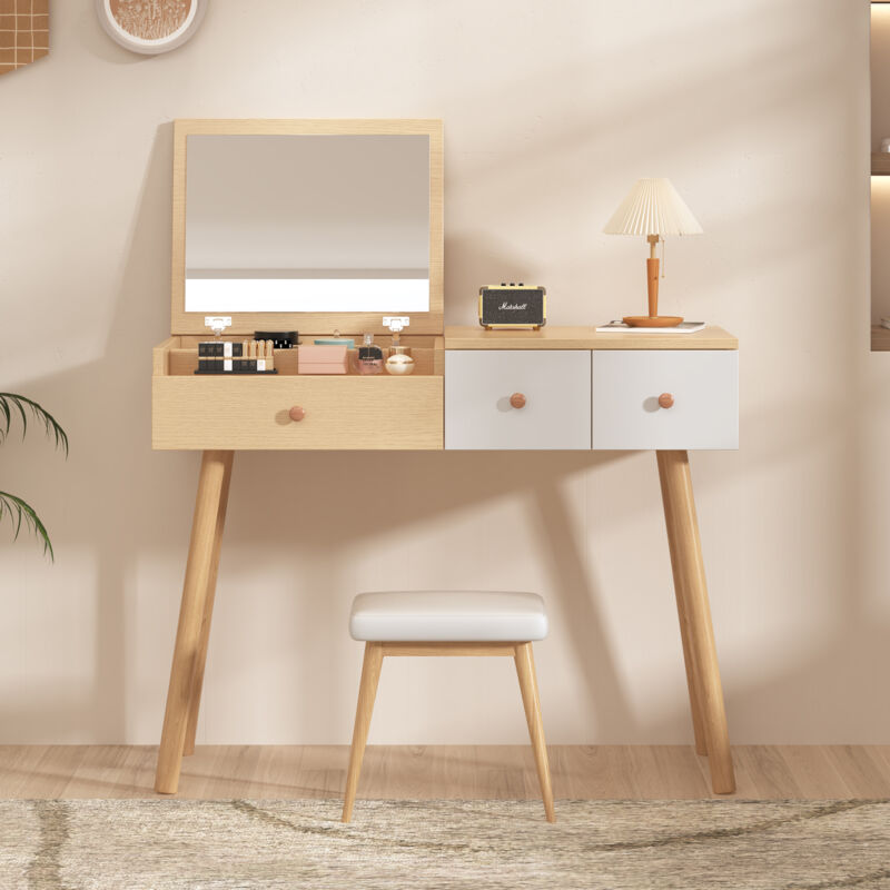 foto del prodotto toletta con specchio, 3 cassetti, scomparti portaoggetti, toletta in legno, moderna, 100x40x78 cm senza sgabello 