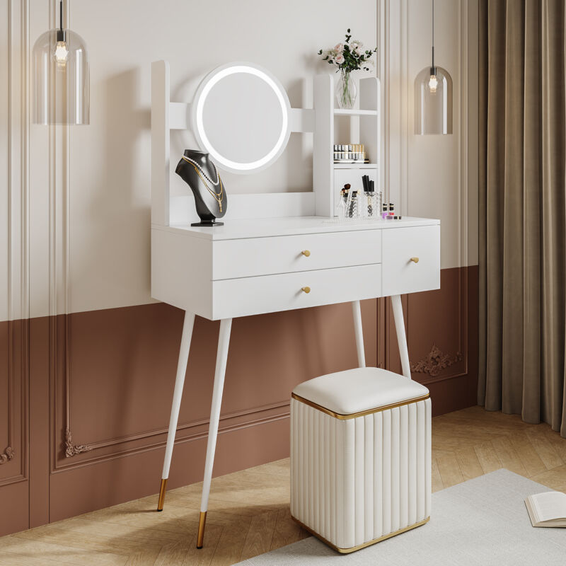foto del prodotto toletta con specchio a luminosit regolabile, 3 cassetti, lussuosi accessori placcati in oro, bianco, senza sedie