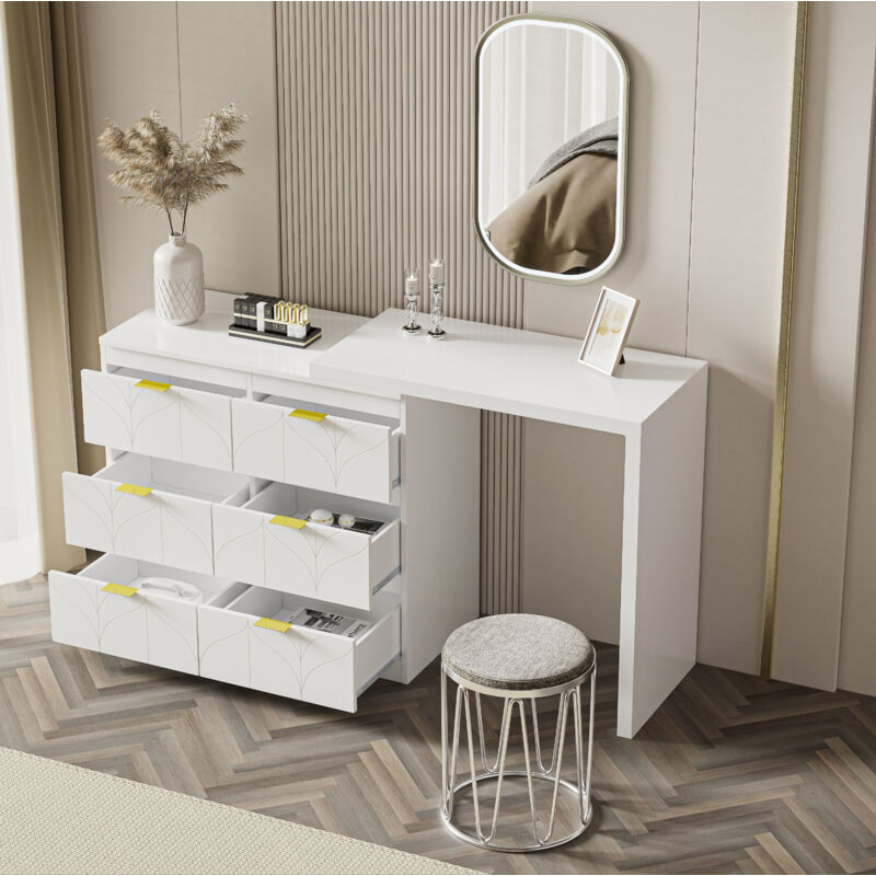 foto del prodotto toletta con tavolo girevole, 80x40x73 cm, cassettiera con 6 cassetti, senza specchio e sgabello, mdf, bianco