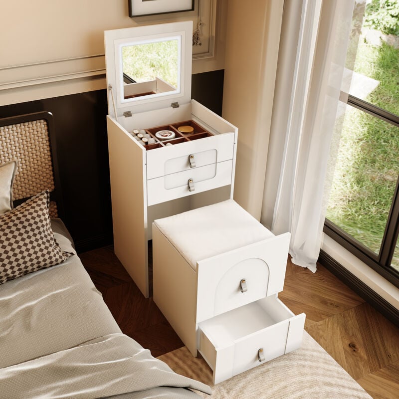 foto del prodotto toletta include sgabello per il trucco , sgabello portaoggetti multifunzionale, comodino, con specchio e illuminazione a led, con 3 cassetti, bianco