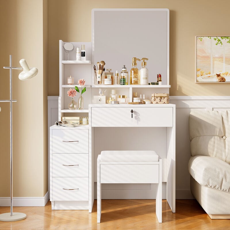 foto del prodotto toletta moderna con specchio tavolo da trucco 4 cassetti 1 sgabello 4 ripiani portaoggetti 87 x 40 x 144 cm bianco