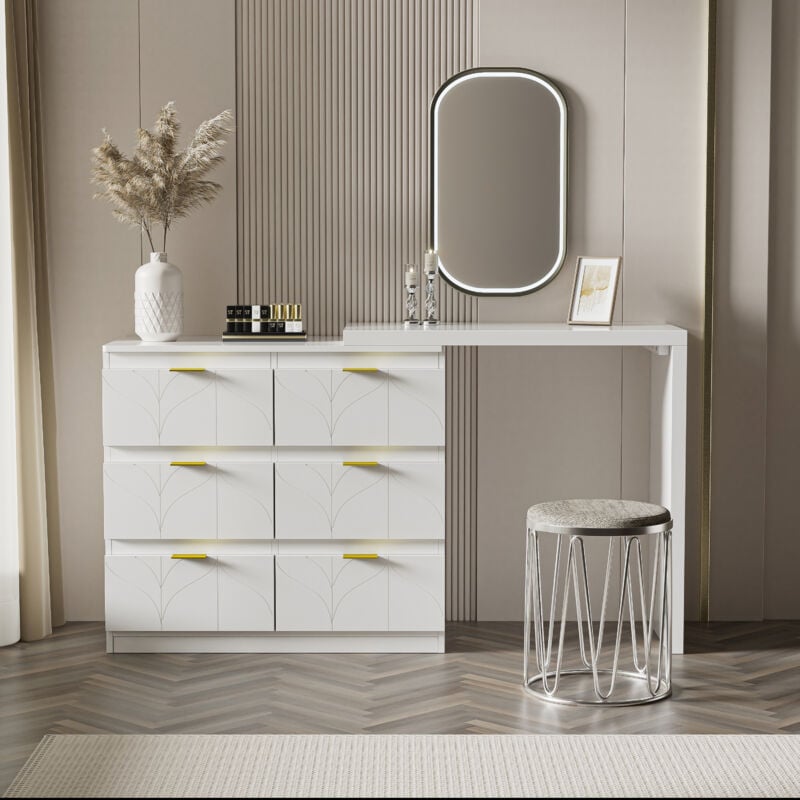foto del prodotto toletta moderna con tavolino laterale, tavolo da trucco a 6 cassetti, maniglia placcata in oro, piano girevole, scrivania da camera da letto, bianco
