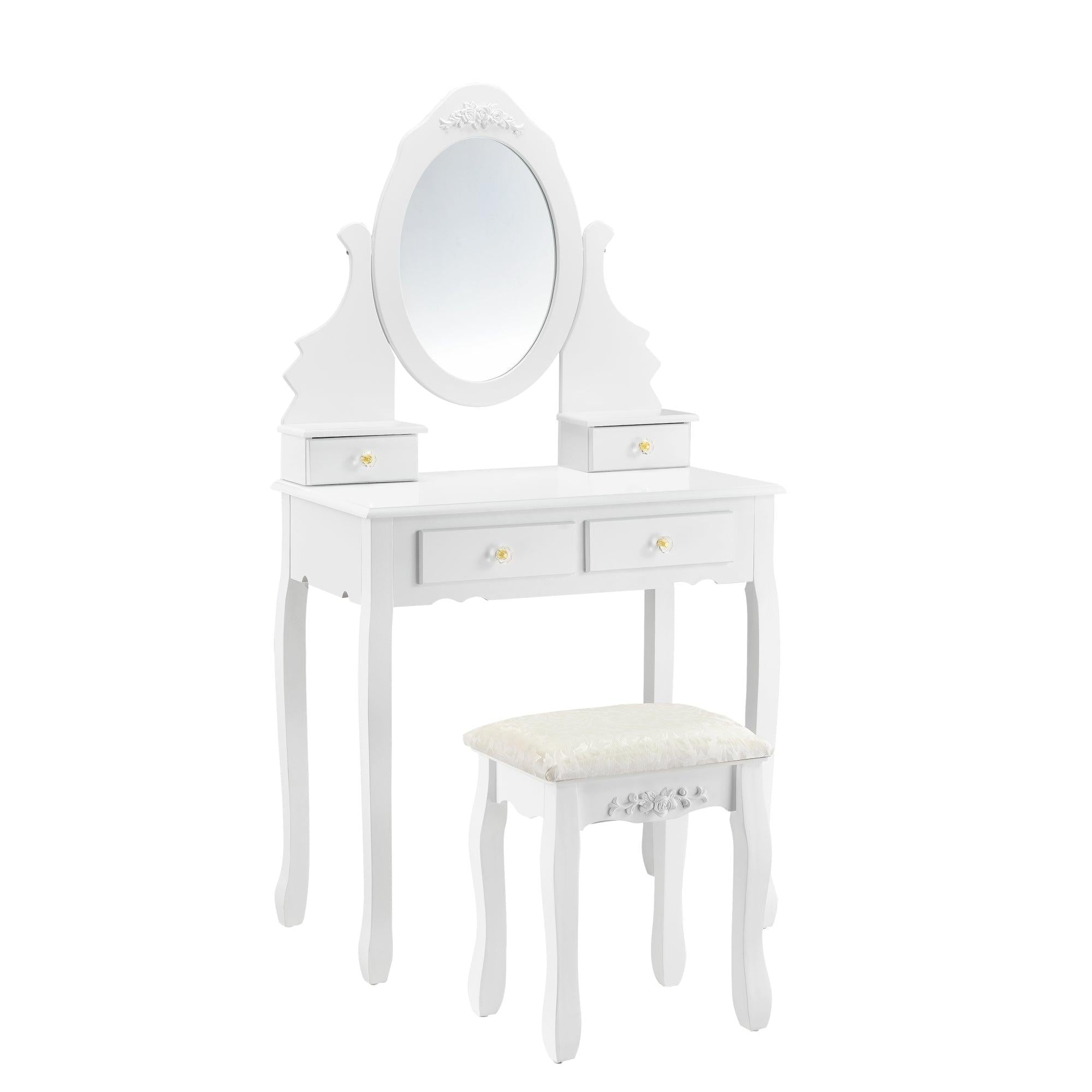 foto del prodotto toletta tavolo da trucco specchio 4 cassetti sgabello mdf e legno 141 cm bianco 03 0001499
