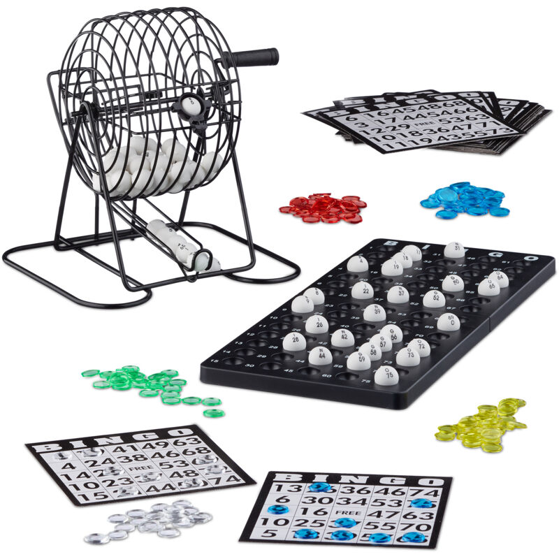 foto del prodotto tombola automatica, gioco del bingo con cesto in metallo, giochi di societ , 20x17,5x21,5 cm,kit completo,nero relaxdays