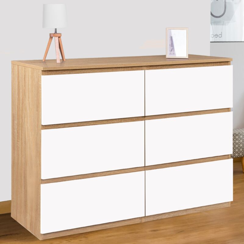 foto del prodotto tomi 110 cm cassettiera a 6 cassetti effetto faggio e bianco