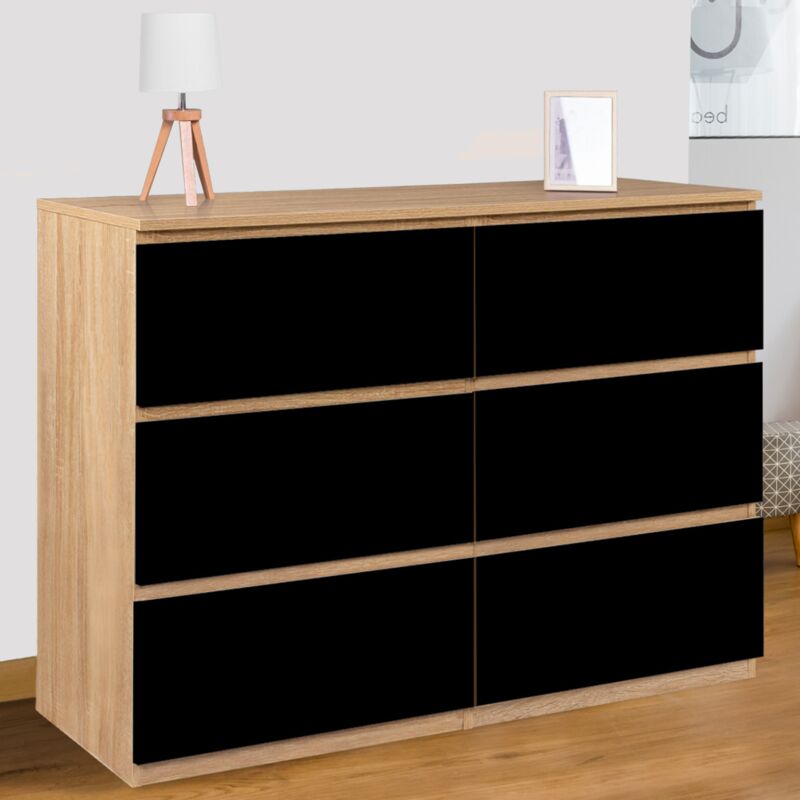 foto del prodotto tomi 110 cm cassettiera a 6 cassetti in legno effetto faggio e nero