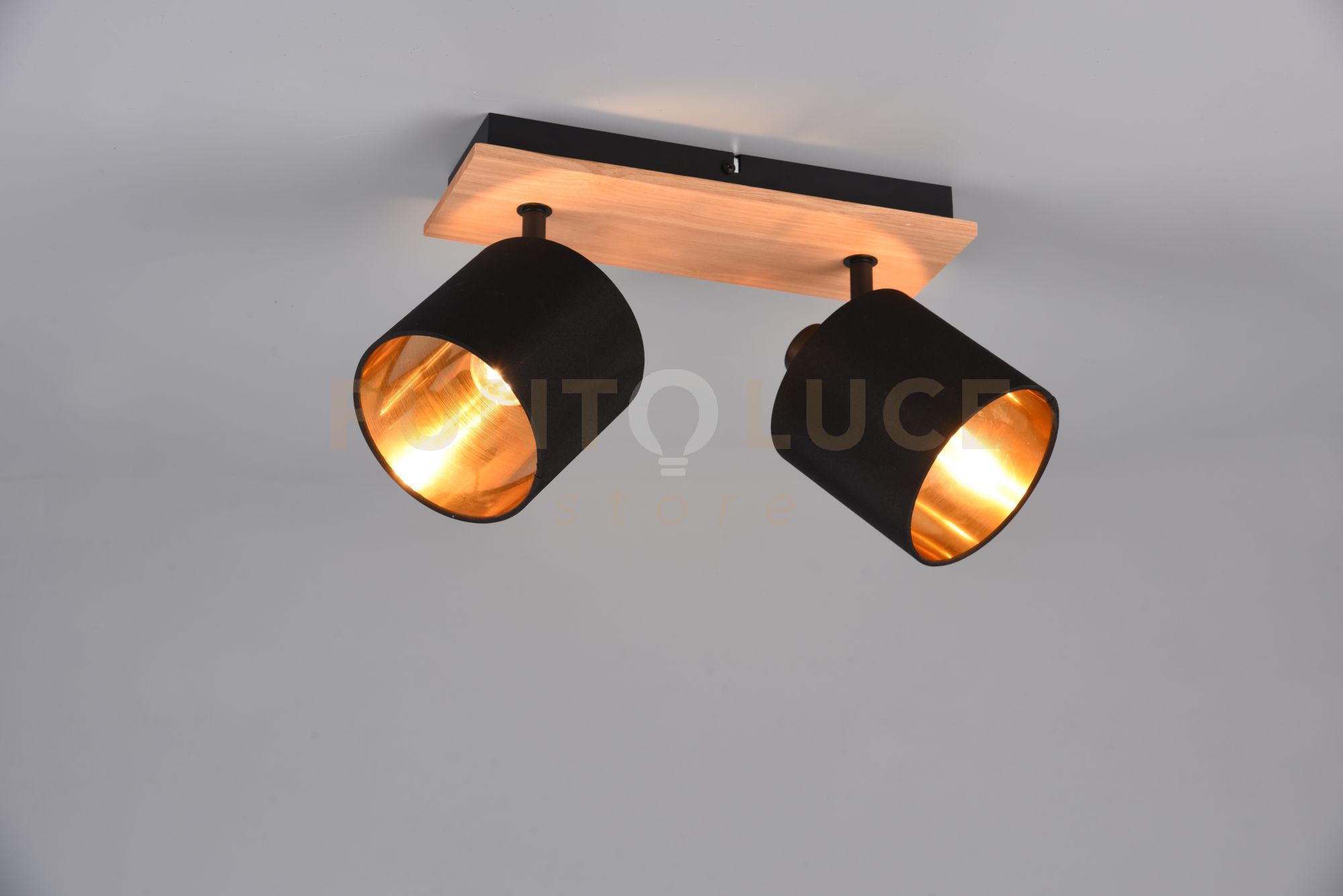 foto del prodotto tommy barra 2 spots base legno con paralumi nero e oro l. 30cm 2 luci attacco e14