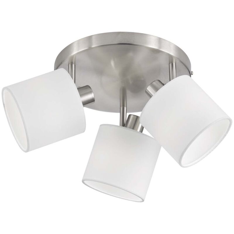 foto del prodotto tommy plafoniera 3 spots con diffusori paralumi bianchi base metallo acciaio satinato d.25cm