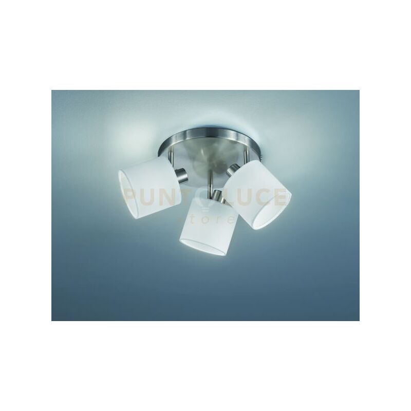 foto del prodotto tommy plafoniera 3 spots con diffusori paralumi bianchi base metallo acciaio satinato d.25cm attacco e14