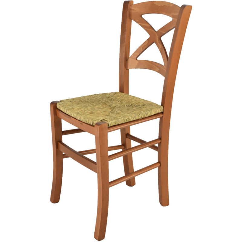 foto del prodotto tommychairs sedia modello cross per cucina, bar e sala da pranzo, robusta struttura in legno di faggio color ciliegio e seduta in paglia