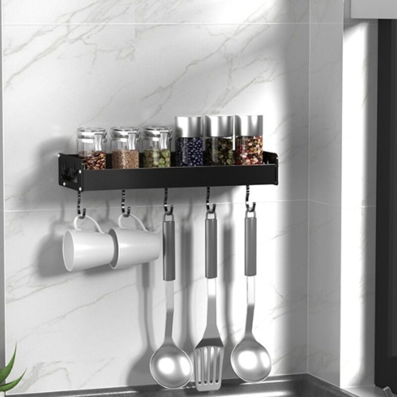 foto del prodotto tonchean - accessorio portaoggetti per la cucina: porta spezie, ripiano per cucina senza fori, nero, 40 cm, con gancio