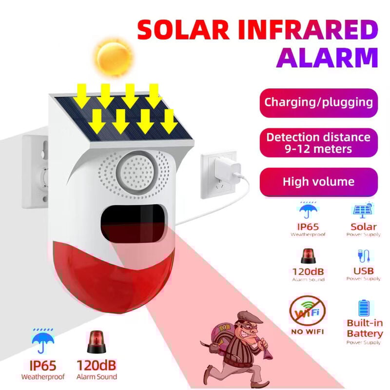 immagine 0 del prodotto tonchean allarme sonoro e luminoso a infrarossi a induzione solare del corpo umano, luce stroboscopica di allarme da 120 db, adatto per casa,