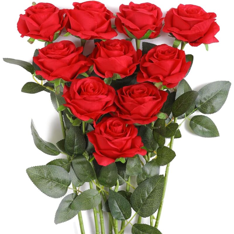 foto del prodotto tonchean bouquet di fiori di rosa di seta artificiale per casa, ufficio, composizioni nuziali, rosso 10 pezzi 