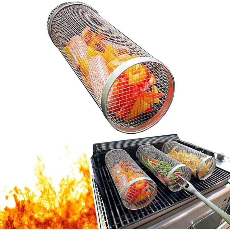 foto del prodotto tonchean cestello per barbecue in acciaio inossidabile, cestello per verdure da grigliare all aperto, cestelli cilindrici per grigliare, accessori